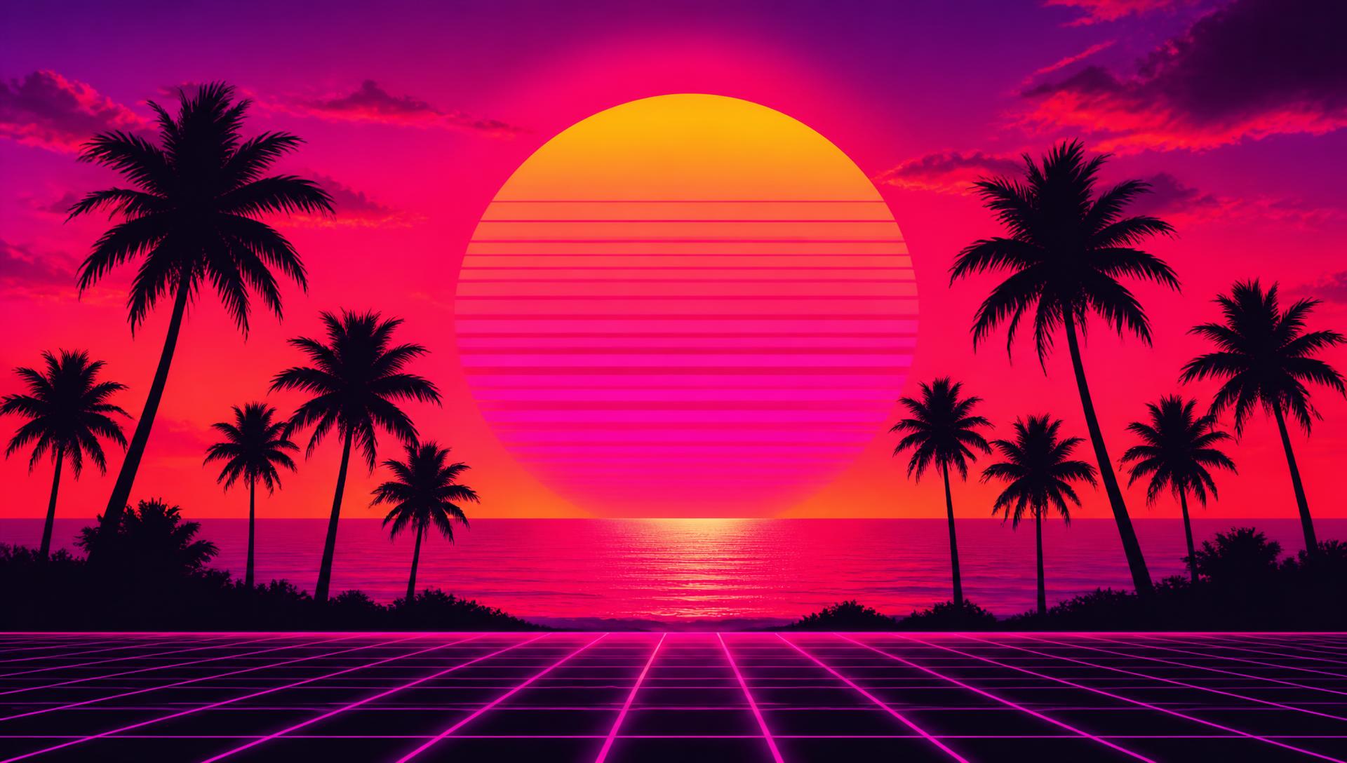 Retro Miami sunset with palm silhouettes over the ocean